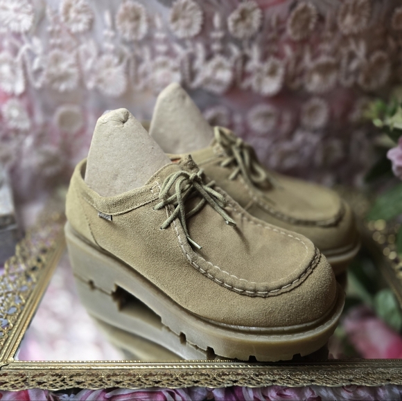 Mudd Sara Shoes Vintage 90s Y2K Chunky Lug Platform Tan Suede Leather Size 9 - Picture 1 of 10